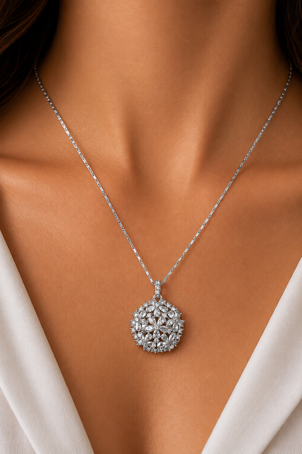 Ms Allure Grand Bouquet Necklace — silver-tone cubic zirconia necklace with an elegant, feminine finish.
