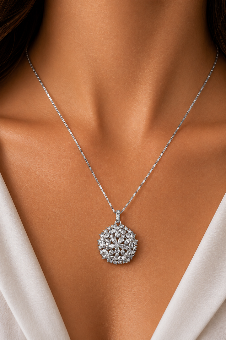 Ms Allure Grand Bouquet Necklace — silver-tone cubic zirconia necklace with an elegant, feminine finish.