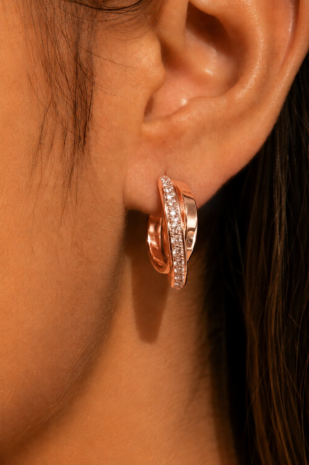Ms Allure Over & Under Earrings — gold-tone cubic zirconia hoop earrings with an elegant, feminine finish.