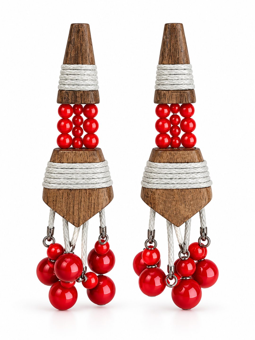 Bohemian Red Turquoise, Wood & Rope Statement Earrings