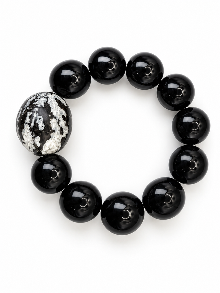 Midnight Mosaic Cassia Wood & Black Bead Statement Bracelet