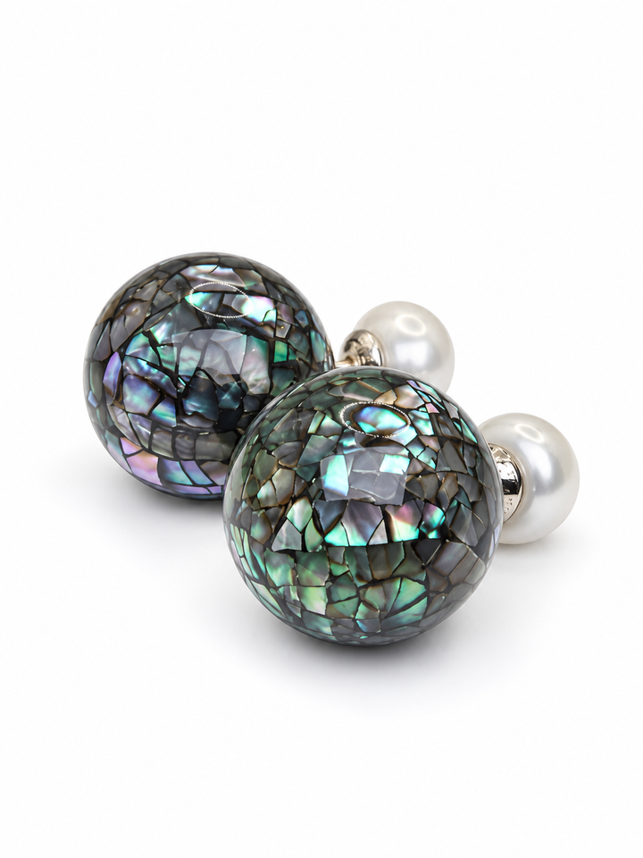 Mystic Ocean Mother of Pearl Mosaic Double Ball Earrings