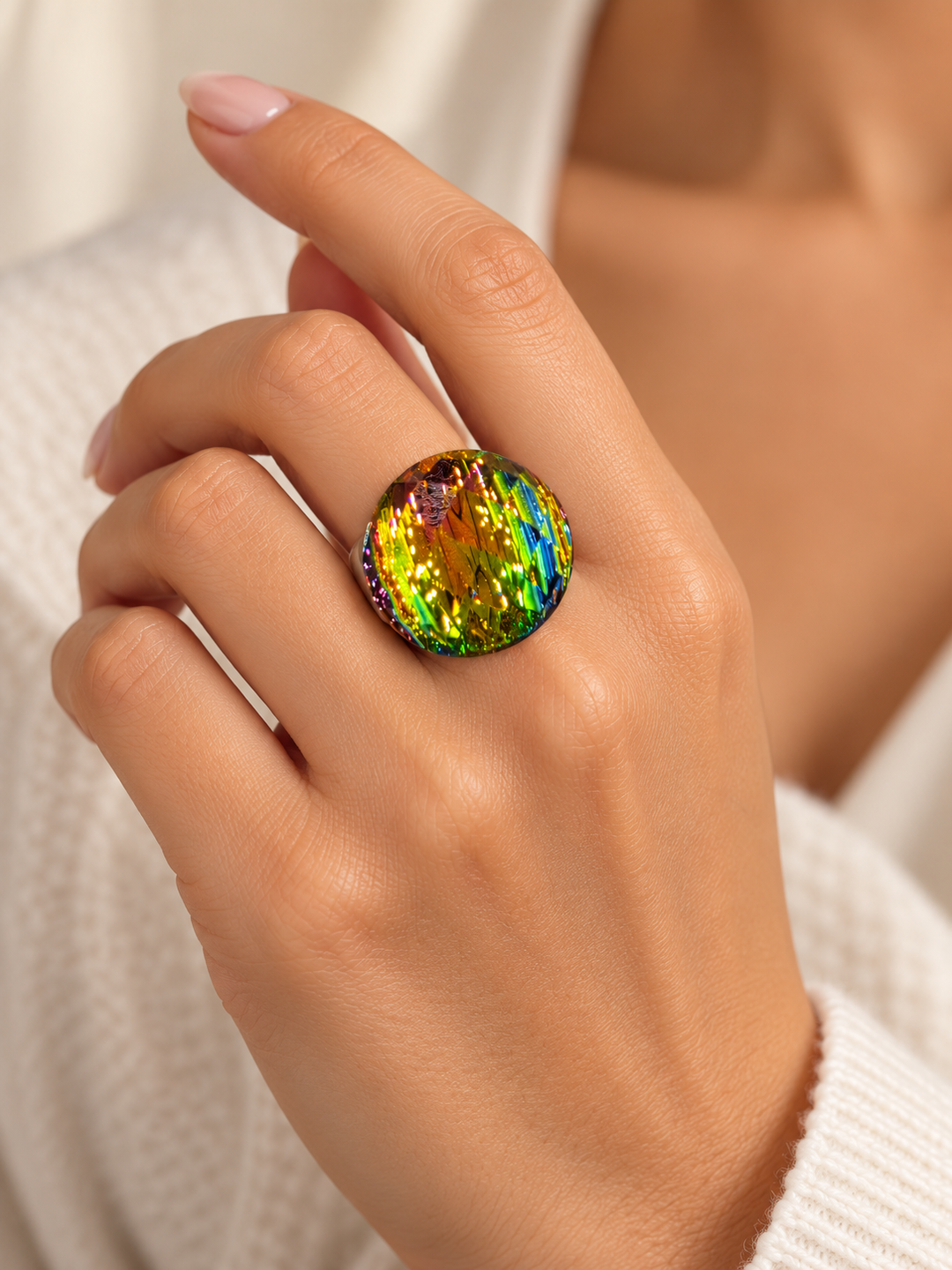 Rainbow Aurora Multicolour Crystal Gold-Tone Stainless Steel Statement Ring
