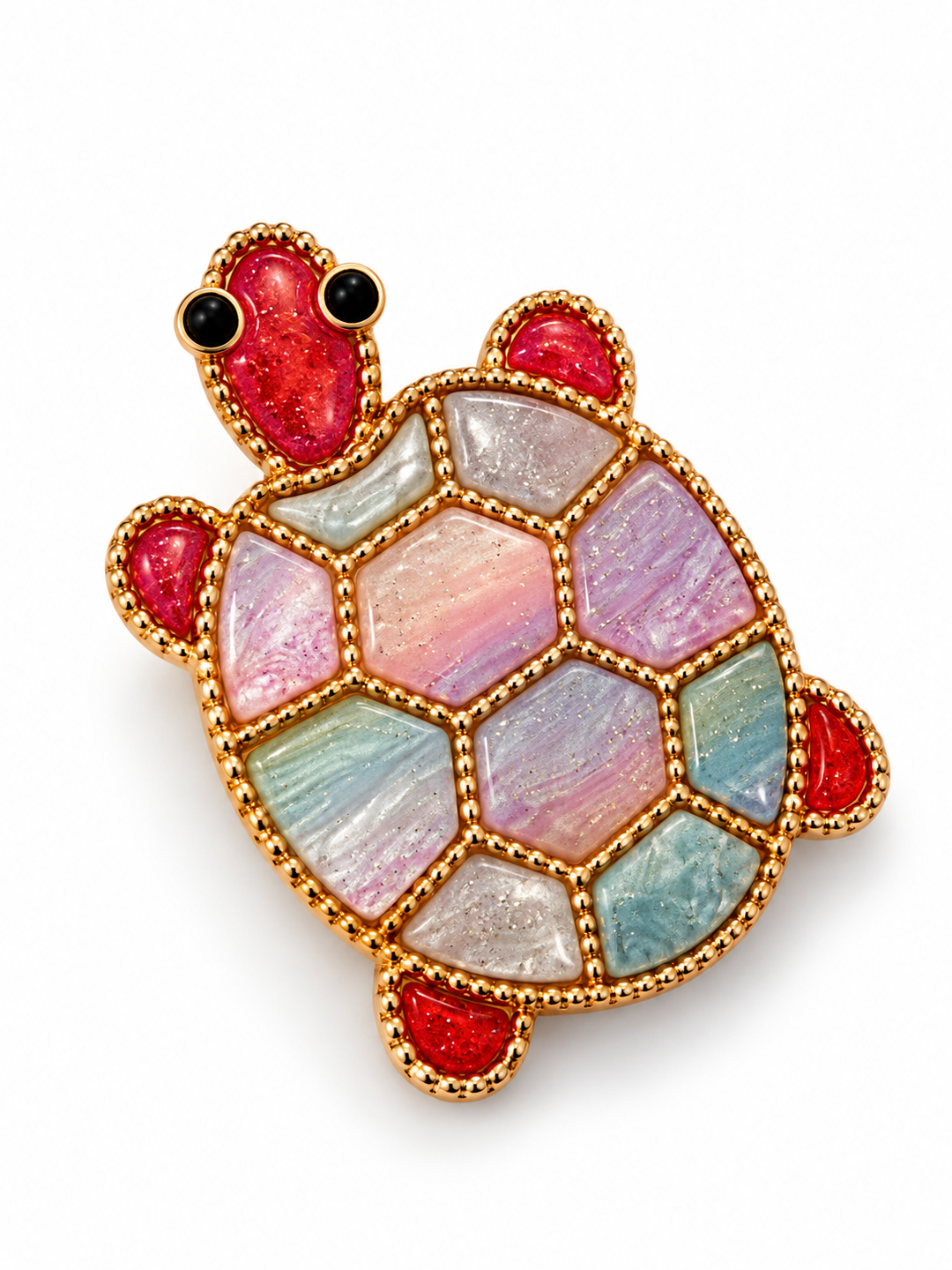 Rainbow Mosaic Hand-Painted Turtle Brooch – Multicolour & Gold