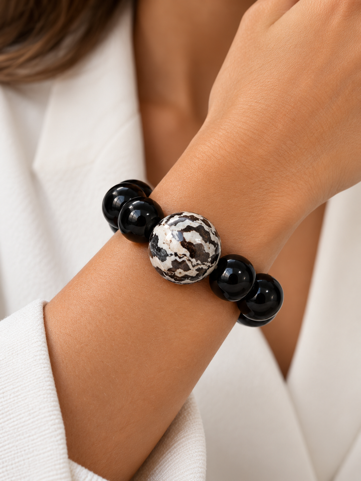 Midnight Mosaic Cassia Wood & Black Bead Statement Bracelet