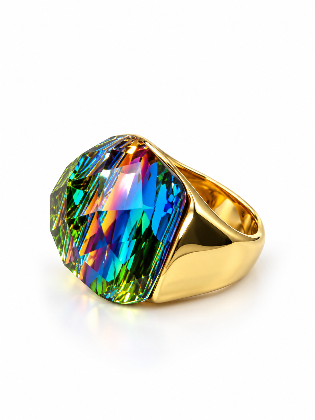 Rainbow Aurora Multicolour Crystal Gold-Tone Stainless Steel Statement Ring