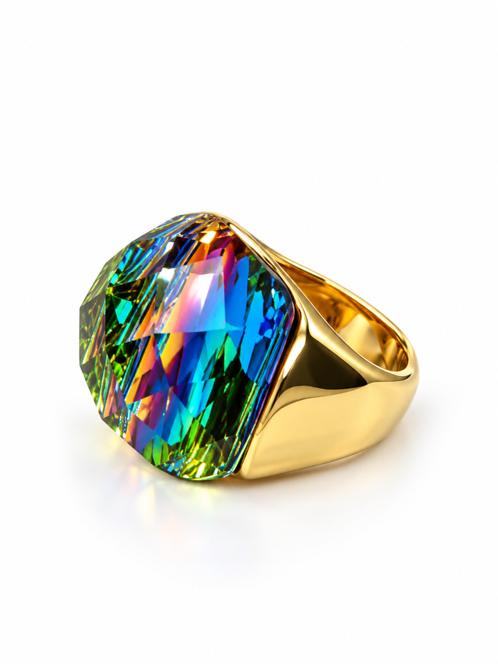 Rainbow Aurora Multicolour Crystal Gold-Tone Stainless Steel Statement Ring