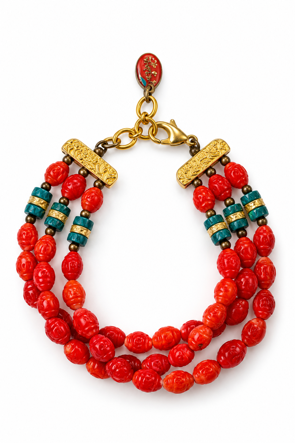 Crimson Coral & Howlite Triple-Strand Statement Bracelet