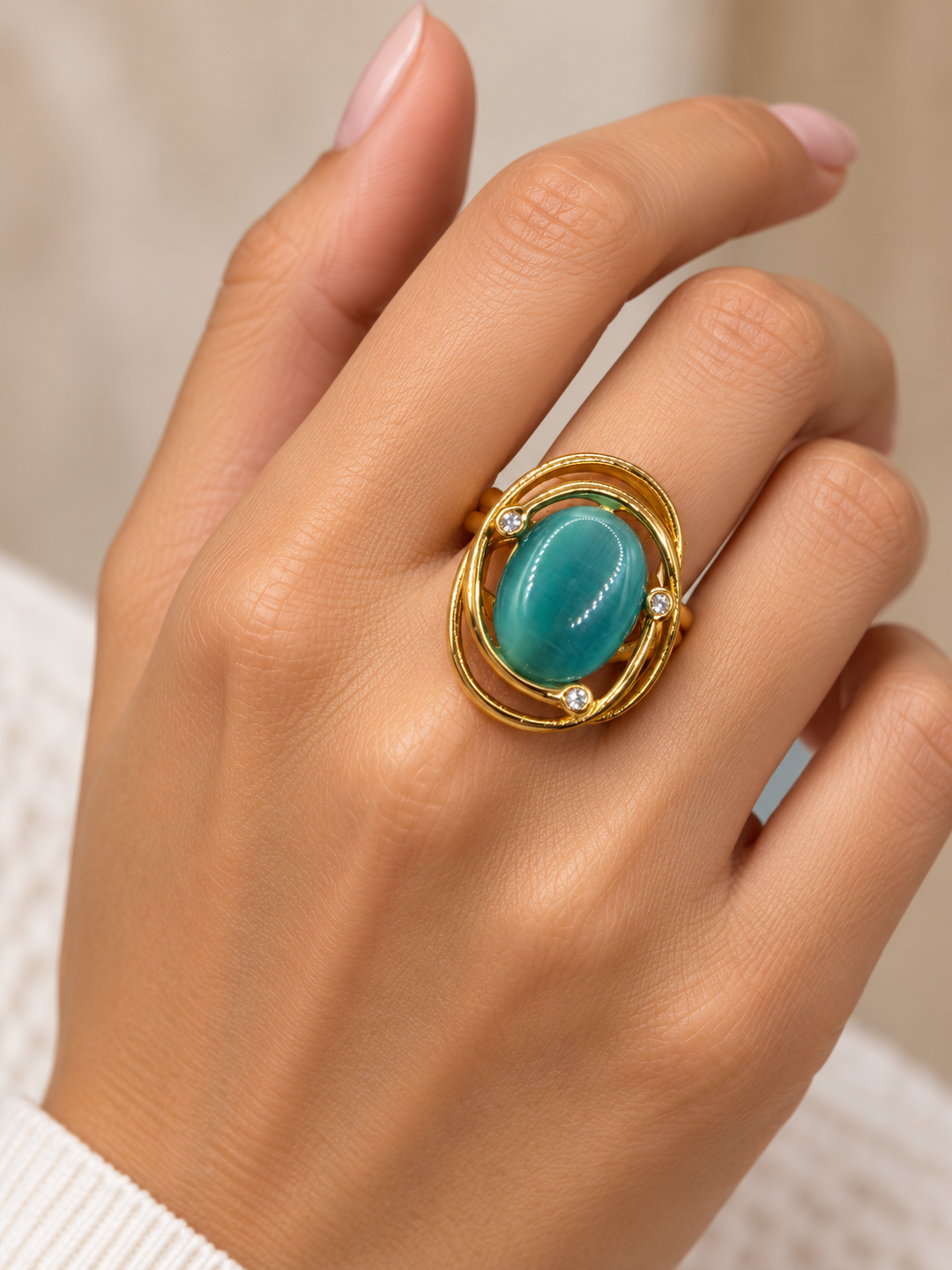Azure Orbit Gold-Tone Stainless Steel Statement Ring