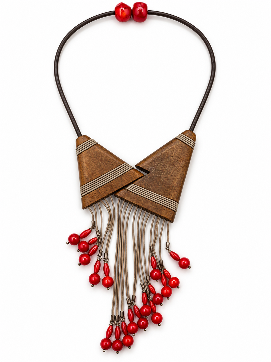 Tubular Coral & Grey Ebony Wood Tassel Statement Necklace