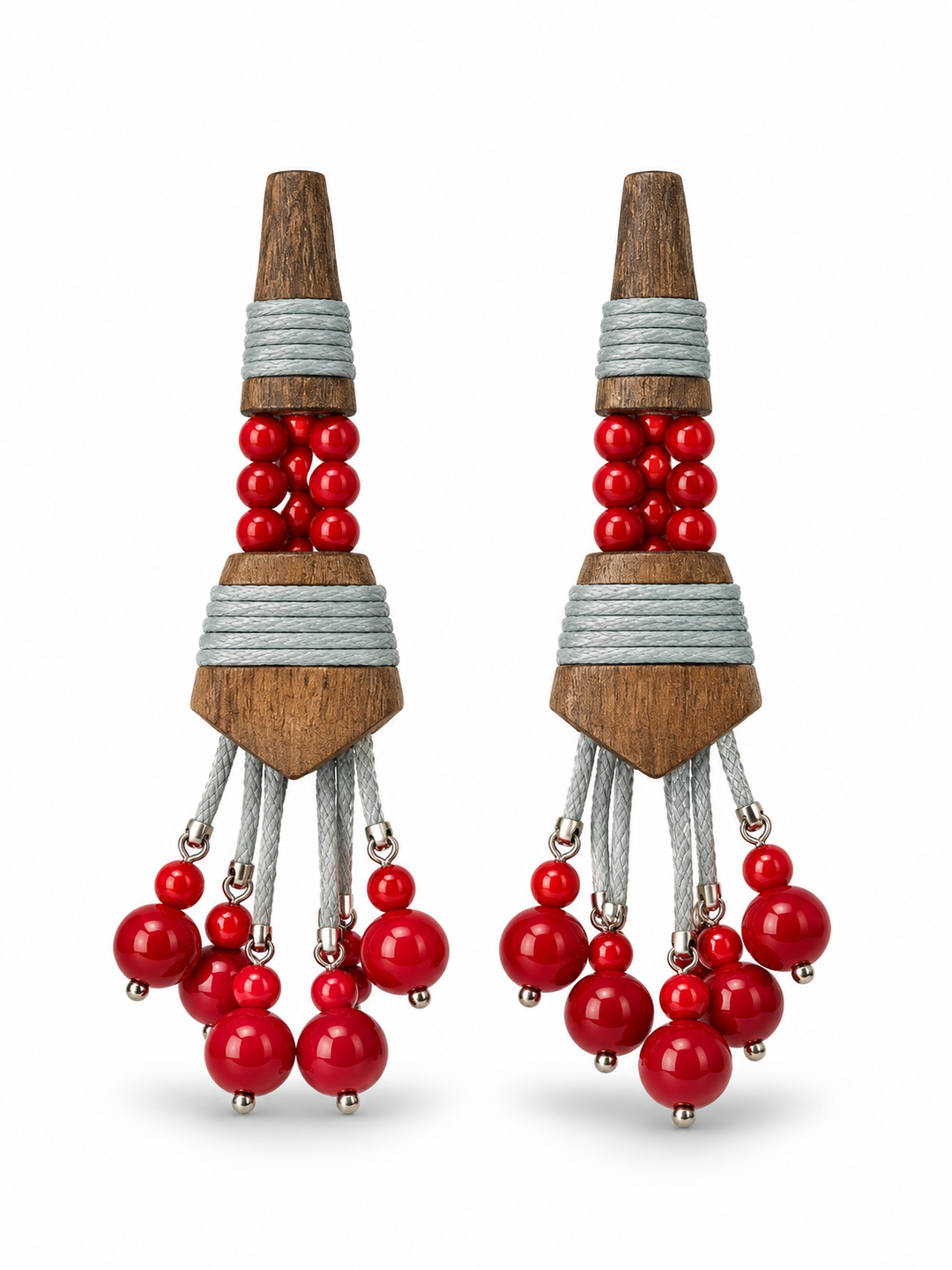 Crimson Coral & Grey Ebony Wood Tassel Statement Earrings